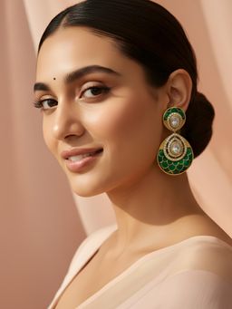 ADIVA - Gold-Plated Green Teardrop Shaped Enamel Kundan Stone Handcrafted Drop Earrings