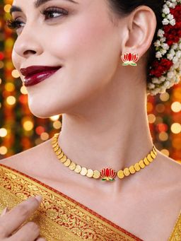 OOMPH - Traditional Gold Laxmi Coin Choker Jewllery Set with Lotus Design