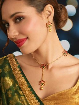 OOMPH - Ruby and Green Kemp Stone Indo-Western Long Chain Jewllery Set - For Women and Girls