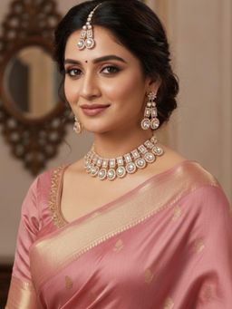 Accessher - White Rose Gold Tone Ad Choker Set with Earrings and Maangtikka