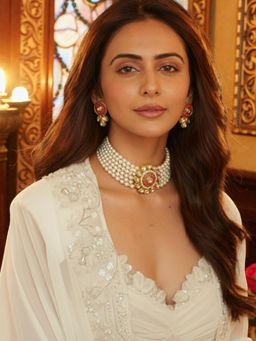 Accessher - Gold Tone Pearl Beaded Kundan Pendant Choker Set for Wedding