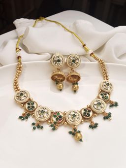 Peach Tassels - Golden with Green Stones Traditional Necklace Set