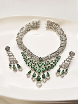 Peach Tassels - Green Gemstone AD Necklace Set