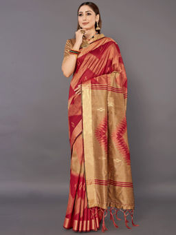 Akhilam - Women Cotton Silk Maroon Woven Design Handloom Saree with Unstitched Blouse Piece
