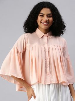 SHOWOFF - Women Collar Neck Flare Sleeves Pleated Peach Top