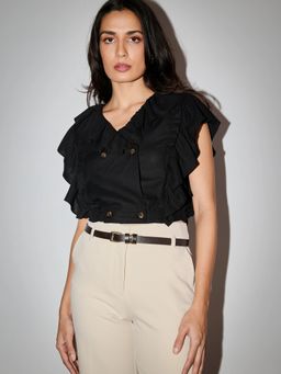 Cove and Lane - Linen Double Breasted Black Top