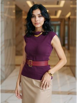 Cove and Lane - Boat Neck Flat Knit Wine Top