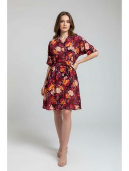 TAMISKA BY NARENDRA KUMAR - Wine Viscose Blend Floral Flared Dress