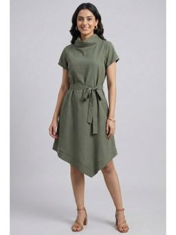 TAMISKA BY NARENDRA KUMAR - Olive Polyester Solid Flared Dress