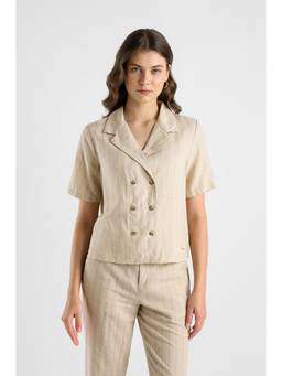 Van Heusen - Women Beige Striped Half Sleeves Casual Shirt