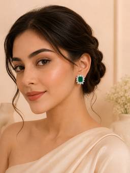 AANURA - Emerald-Cut Green Cz Halo Statement Stud Earrings