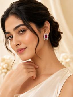 AANURA - Emerald-Cut Green Cz Halo Statement Stud Earrings