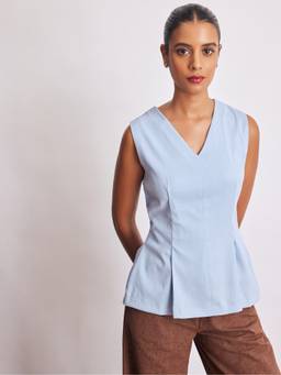 The Label Life - Women Powder Blue Pleat Detail Peplum Top