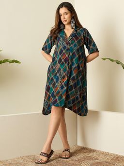 InWeave - Blue Printed A-Line Dress