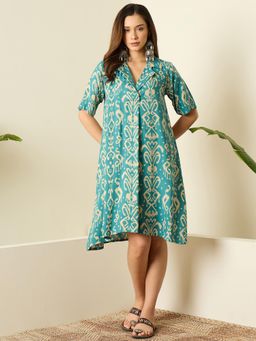 InWeave - Teal Printed A-Line Dress