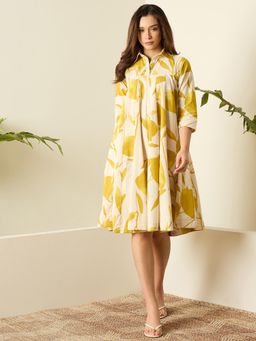 InWeave - Mustard Printed Flared Dress