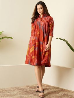 InWeave - Rust Printed Flared Dress