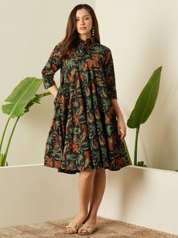 InWeave - Black Printed Flared Dress