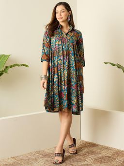 InWeave - Teal Printed Flared Dress