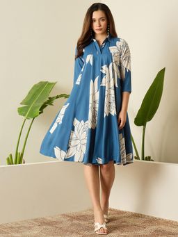 InWeave - Blue Printed Flared Dress