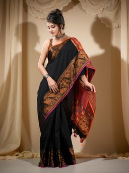 DESH BIDESH - Black Woven Tassels Saree
