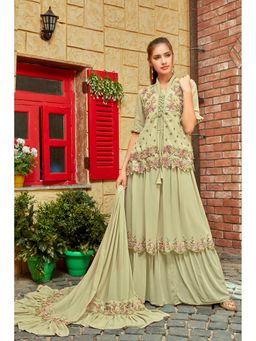 Miss Ethnik - Green Floral Gown with Dupatta and Jacket
