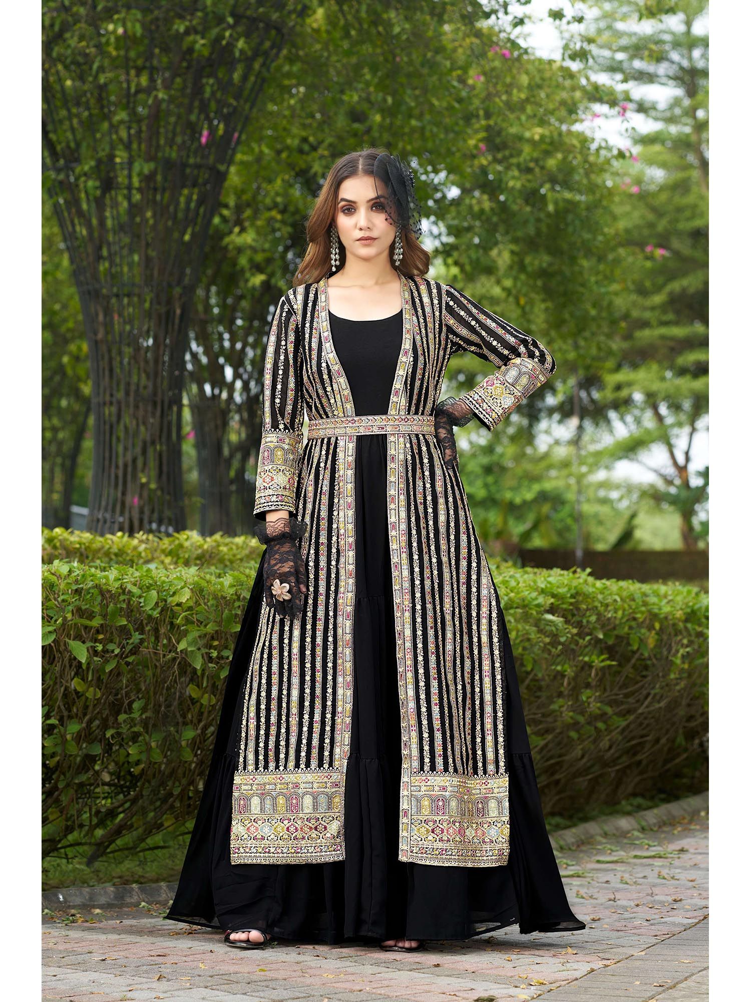 miss ethnik Black Embroidered Gown with Jacket and Belt-picture-12