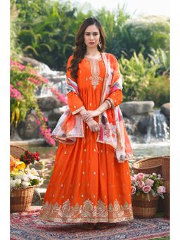 Miss Ethnik - Orange Floral Anarkali Gown with Dupatta