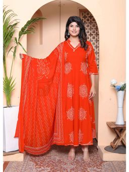 Miravan - Orange Floral Regular Kurta with Dupatta