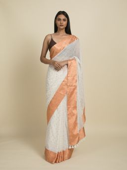 Suta - White Mul Cotton Saree with Peach Border