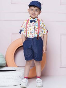 AJ Dezines - Cotton Printed Shirt, Shorts, Bow and Cap with Suspender (Set of 5)