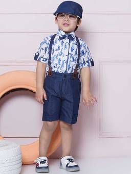 AJ Dezines - Cotton Printed Shirt, Shorts, Bow and Cap with Suspender (Set of 5)