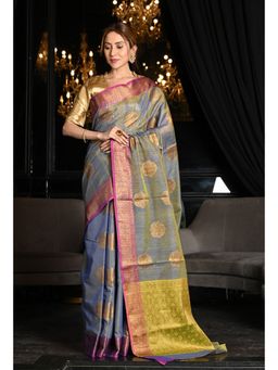 Beatitude - Blue Desi Tusshar Banarasi Handwoven Saree with Unstitched Blouse