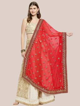 Dupatta Bazaar - Womens Heavily Embroidered Red Georgette Bridal Dupatta
