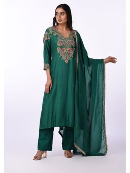 Isha and Anshul - Green Embroidered A-Line Kurta with Pant and Dupatta