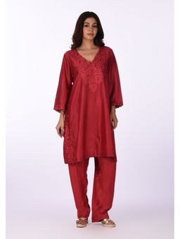 Isha and Anshul - Red Embroidered Straight Kurta with Salwar