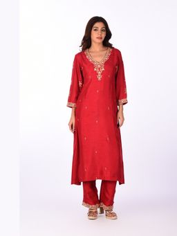 Isha and Anshul - Red Embroidered Kurta with Pant