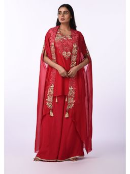 Isha and Anshul - Red Embroidered Kurta With Palazzo And Tassel Dupatta