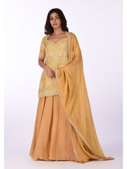 Isha and Anshul - Mustard Embroidered Peplum Kurta with Palazzo and Dupatta