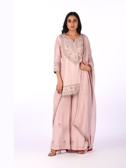 Isha and Anshul - Pink Embroidered Short Kurta with Palazzo and Dupatta
