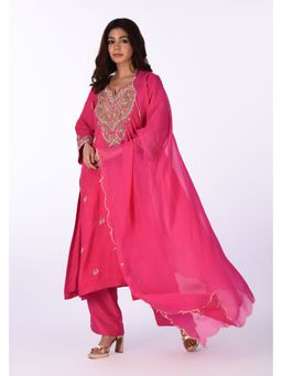 Isha and Anshul - Pink Embroidered A-Line Kurta with Pant and Dupatta