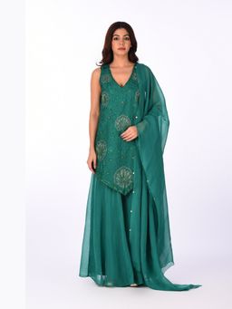 Isha and Anshul - Green Embroidered Kurta with Sharara and Dupatta