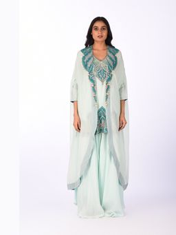 Isha and Anshul - Aqua Blue Embroidered Jacket With Kurta And Palazzo