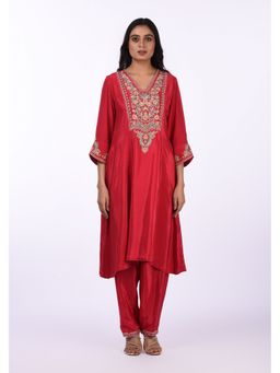 Isha and Anshul - Red Embroidered A-Line Kurta with Pant
