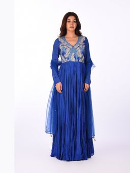 Isha and Anshul - Blue Embroidered Crinkle Anarkali with Dupatta