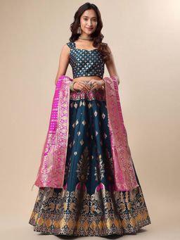 GLOBON IMPEX - Women Teal Silk Lehenga With Blouse And Dupatta