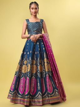 GLOBON IMPEX - Women Teal Silk Lehenga With Choli And Dupatta