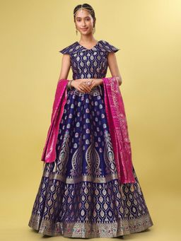 GLOBON IMPEX - Women Navy Blue Banarasi Silk Lehenga With Choli And Dupatta