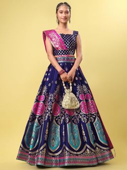GLOBON IMPEX - Women Navy Blue Banarasi Silk Lehenga With Choli And Dupatta