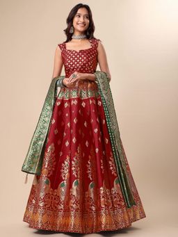 GLOBON IMPEX - Women Maroon Banarasi Silk Lehenga With Blouse And Dupatta